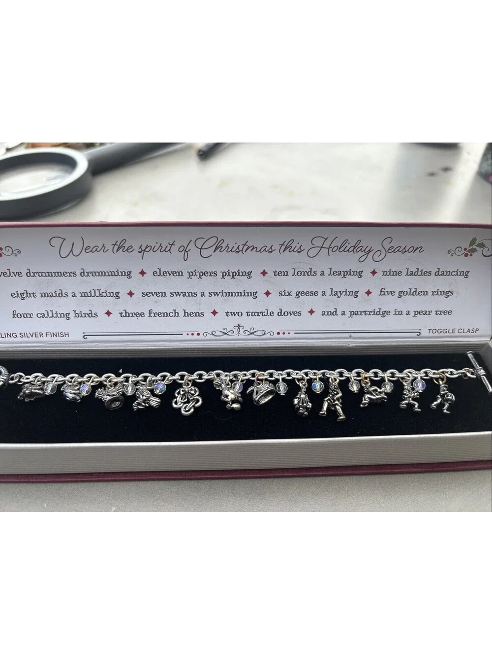 12 Days Of Christmas Charm Bracelet Sterling Silver Plated in Box